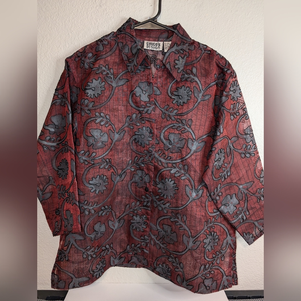 Chicos Design Sheer Embroidered Red Wine 3/4 Sleeve Jacket Lightweight Size 0=XS